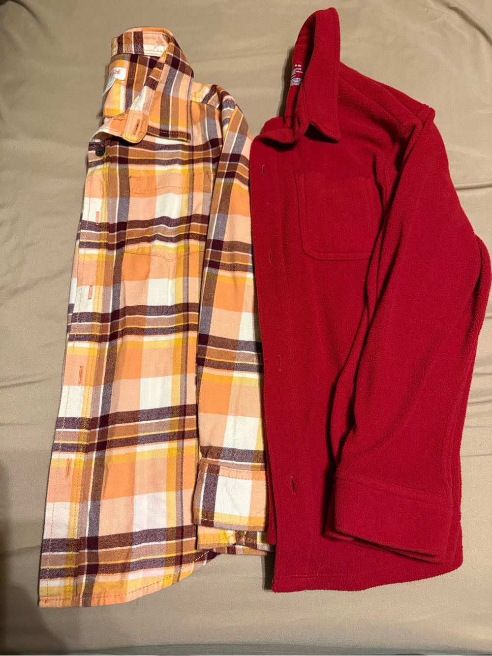 Cat & Jack Red Fleece Button-Down + Yellow Orange Plaid Flannel Shirt Set